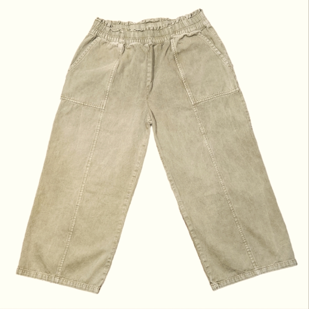 Easel Pants Wide Leg Crop Cargo Utility Elastic Stretch Waist Green Brown Large